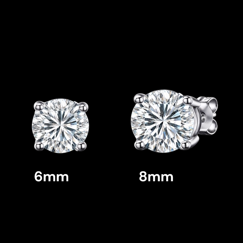 “6mm and 8mm round diamond stud earrings size comparison in 4-prong setting on black background