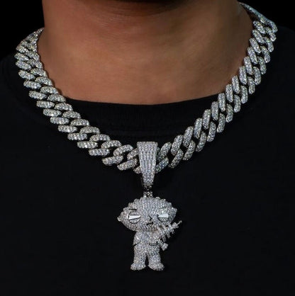 iced out stewie pendant with diamond Cuban chain 