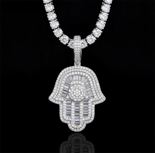 White gold diamond Hamsa hand with 5mm tennis chain