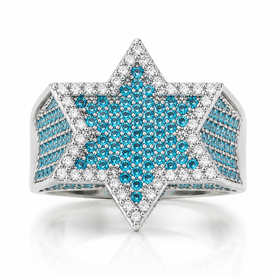 Iced Out Blauwe Ster Ring