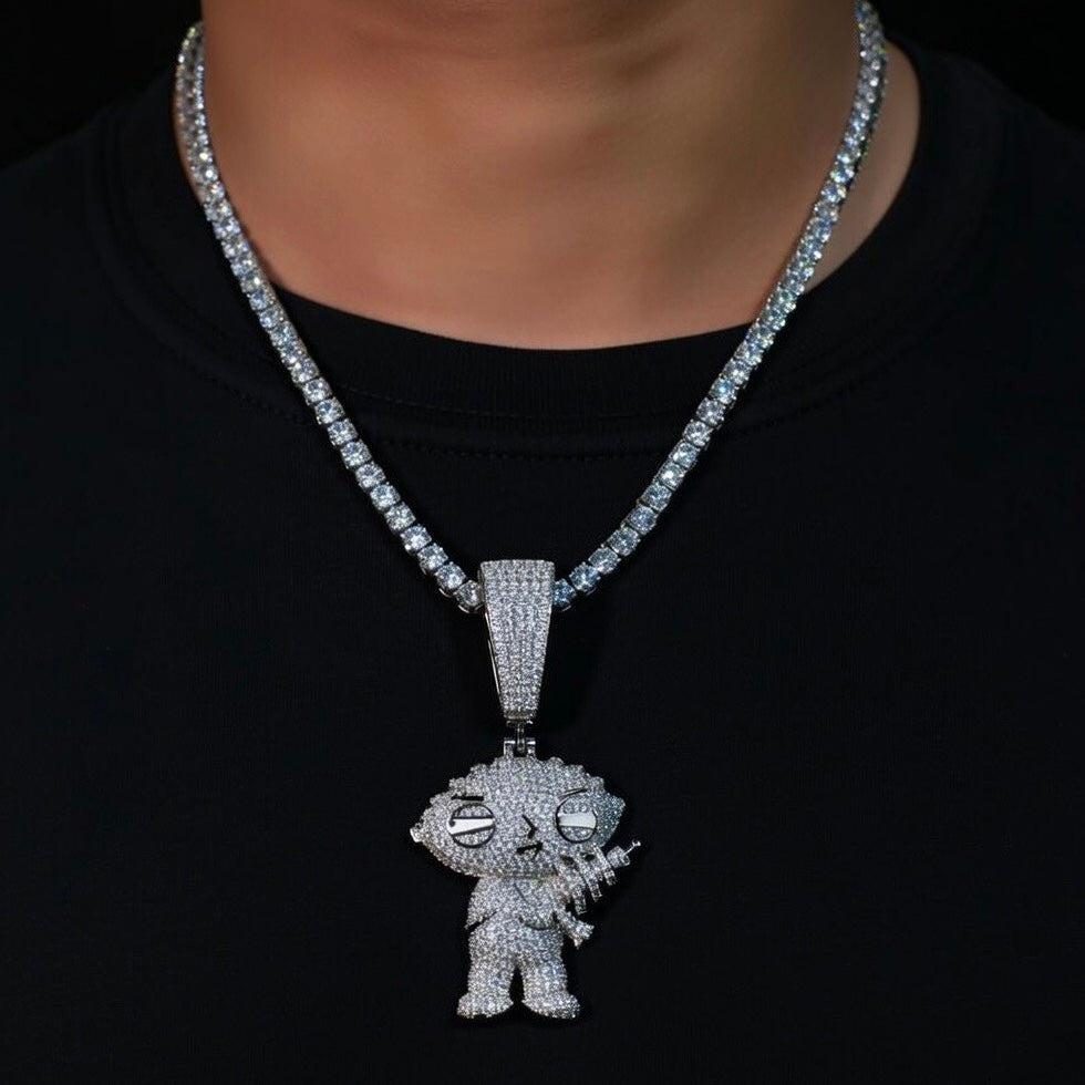 Cartoon diamond stewie pendant tennis chain 